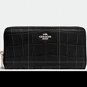 Coach Accordian Zip Wallet Embossed Crocodile Black Leather Gold Tone Hdwr NWT